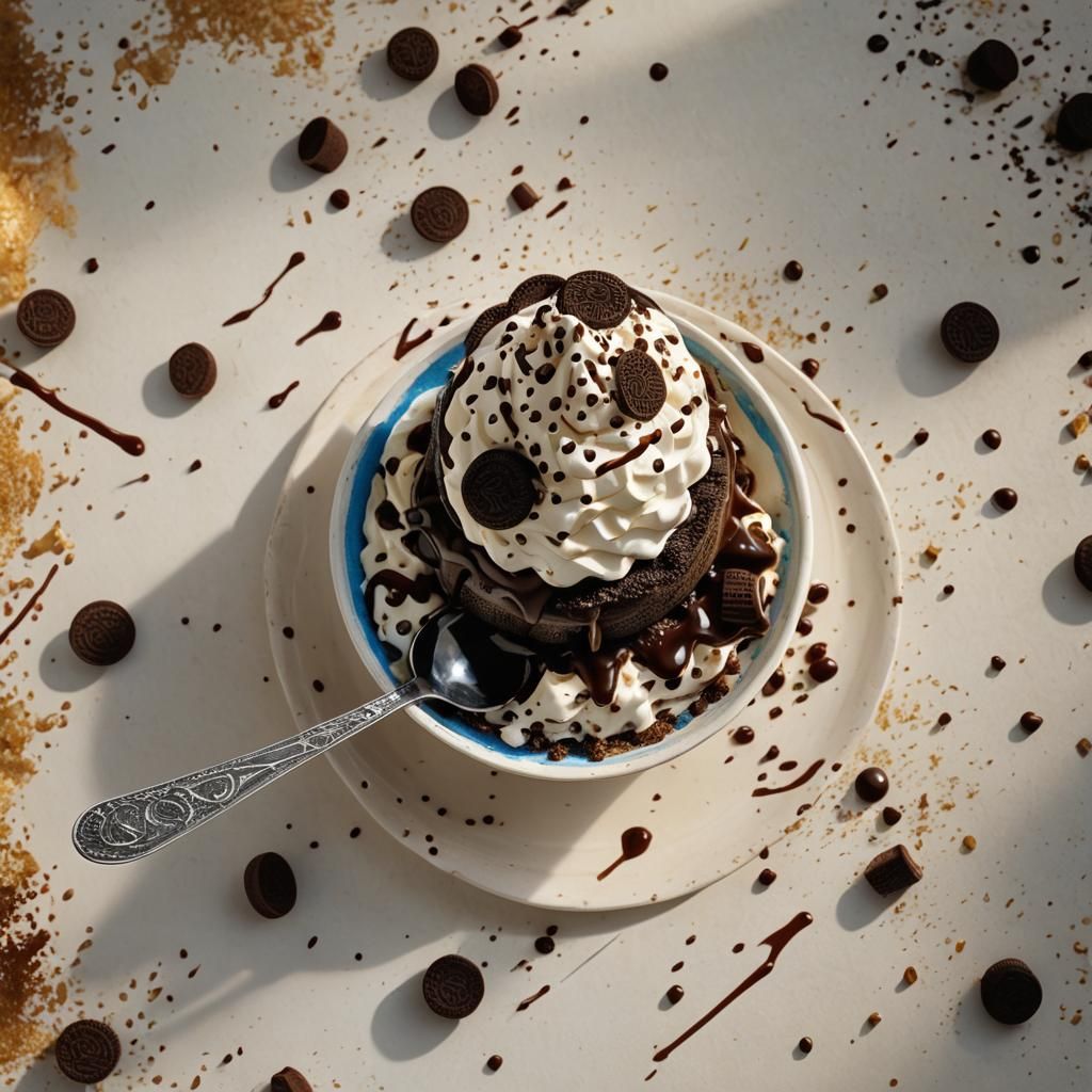 Surreal Oreo Bingsu Still Life in Anime Style