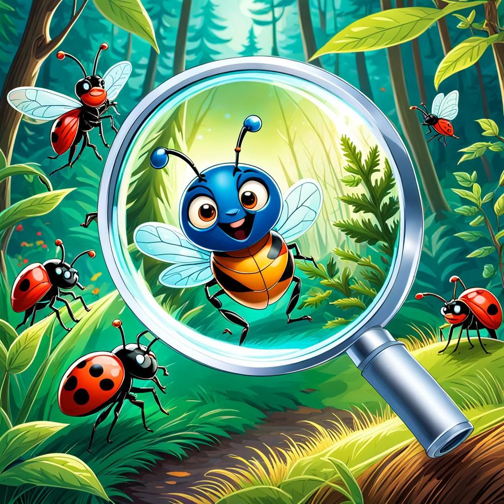 Happy Bugs Playing in Magical Forest Illustration