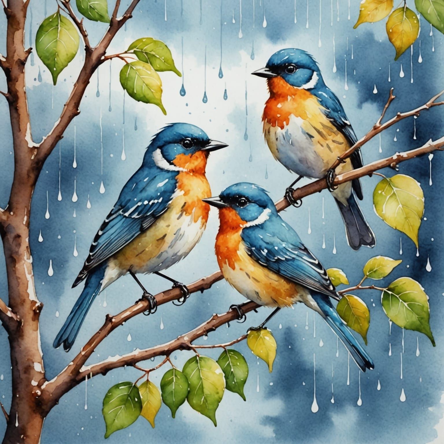 Watercolor Birds Sing in the Rain