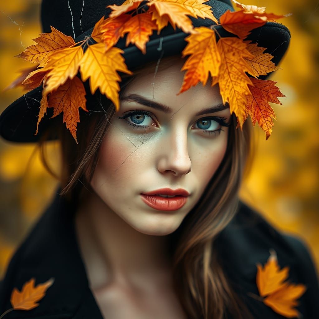 Woman in Fedora with Autumn Leaves and Shattered Glass