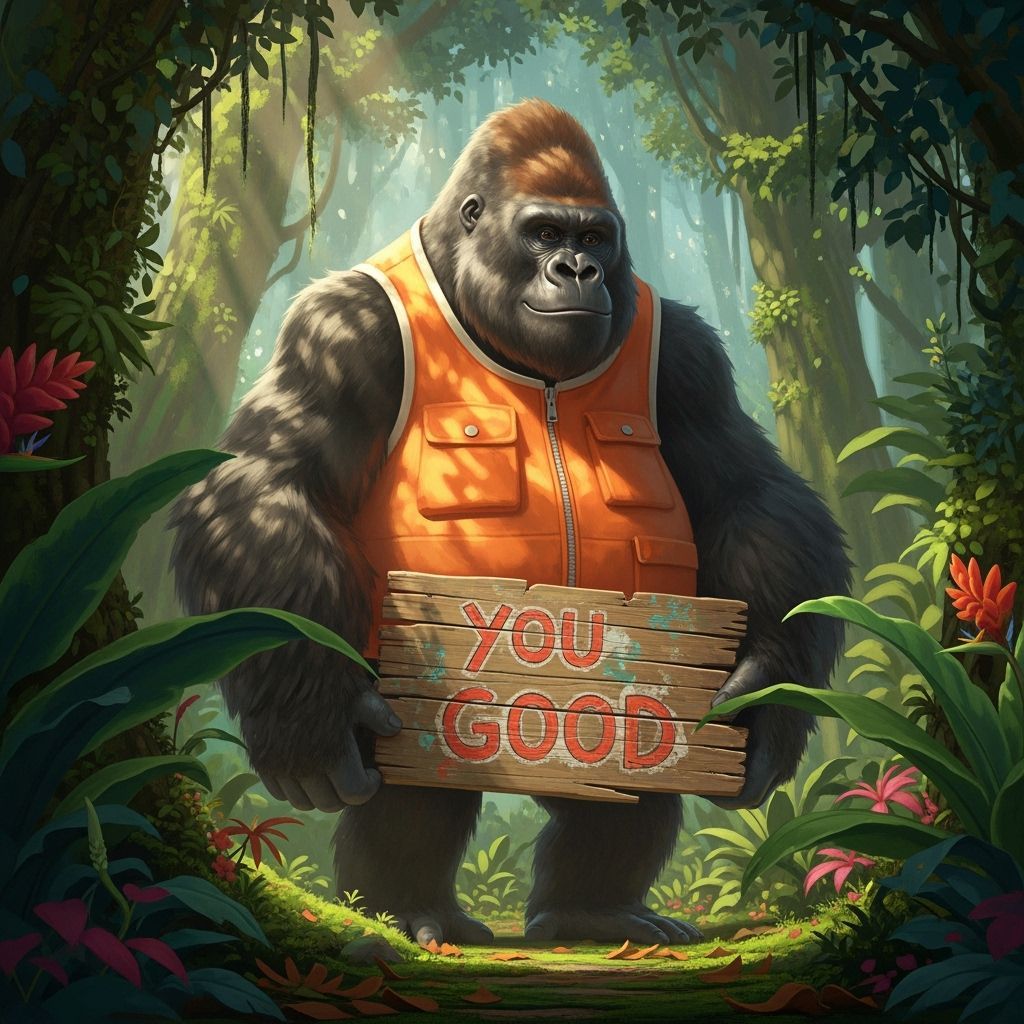 Gentle Gorilla in Jungle Holding Sign
