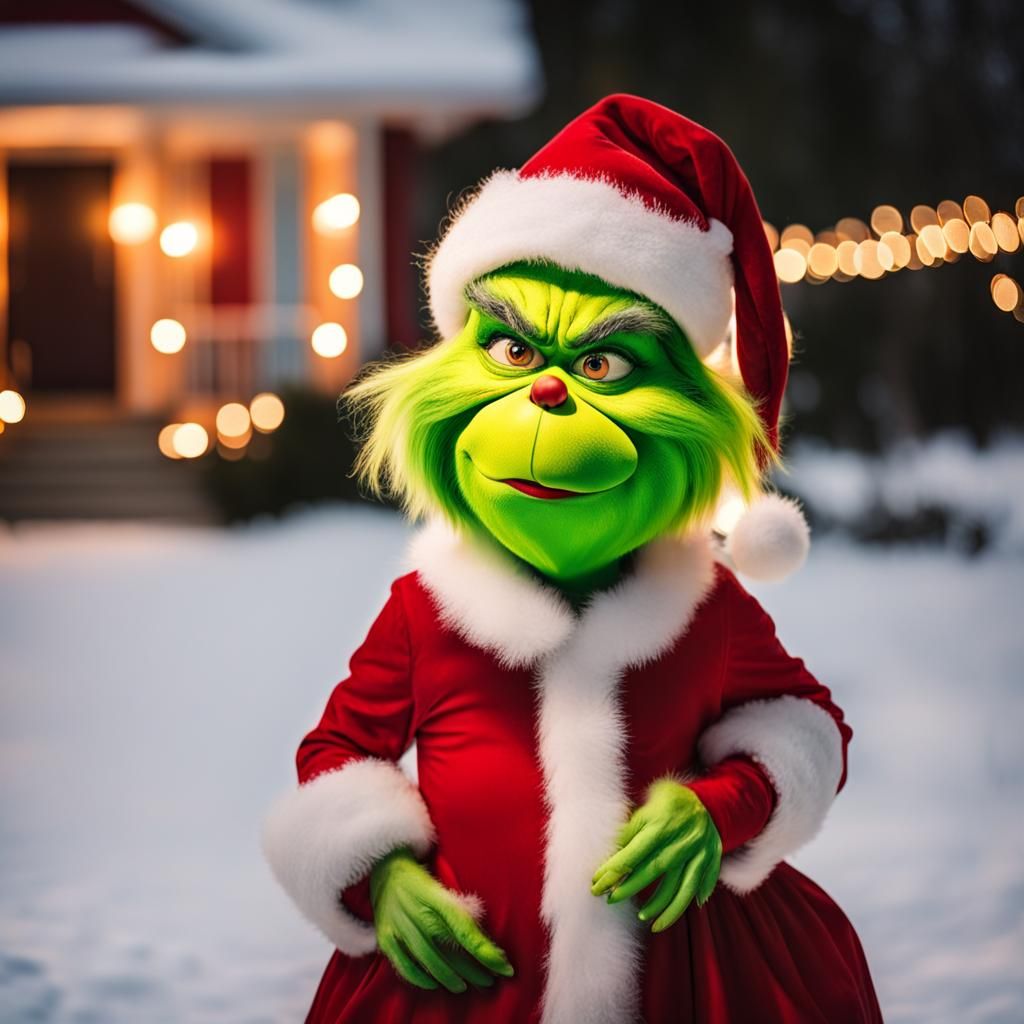 Grinch as Santa Claus in Snowy Christmas Scene