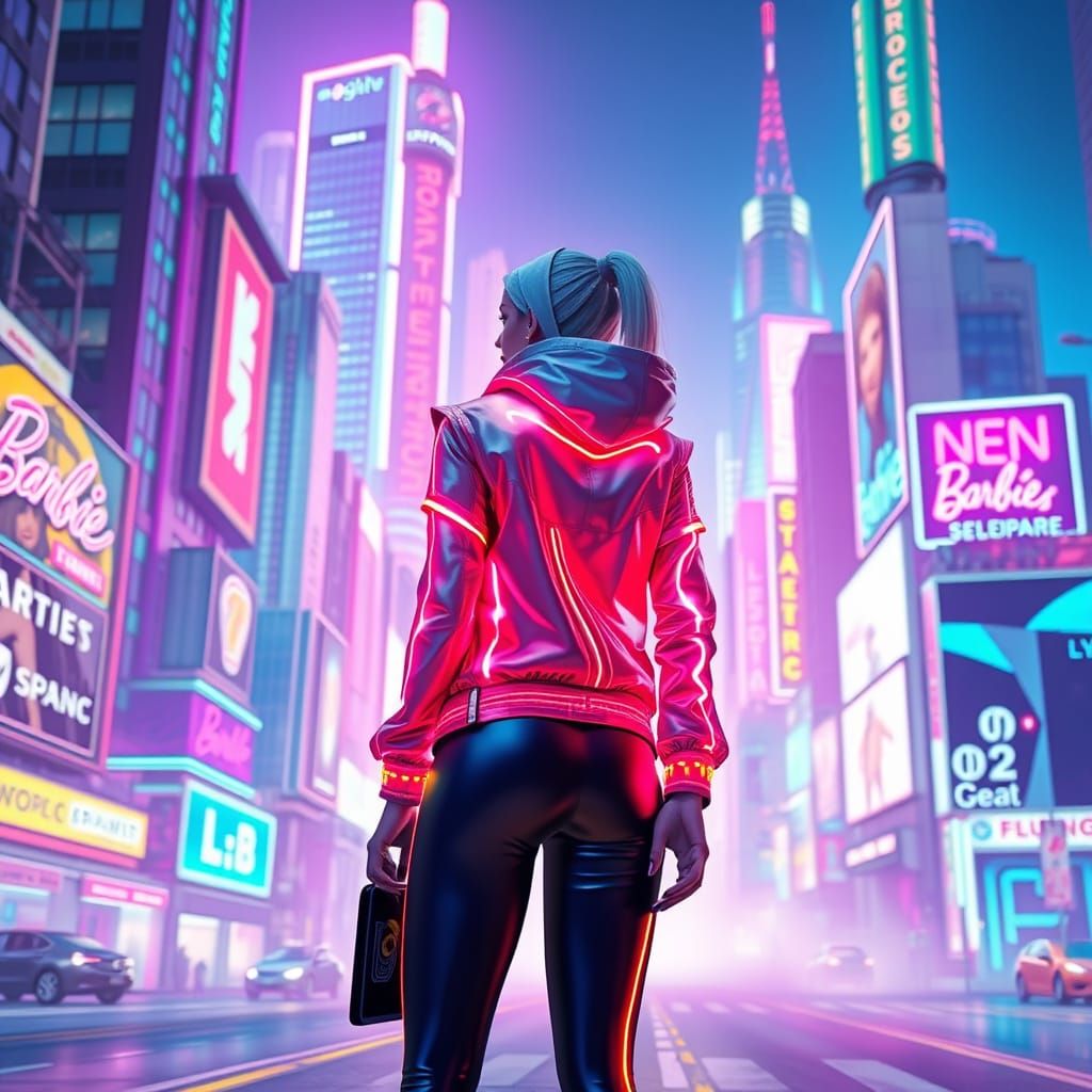 Neon Woman in Barbiecore Cyberpunk City