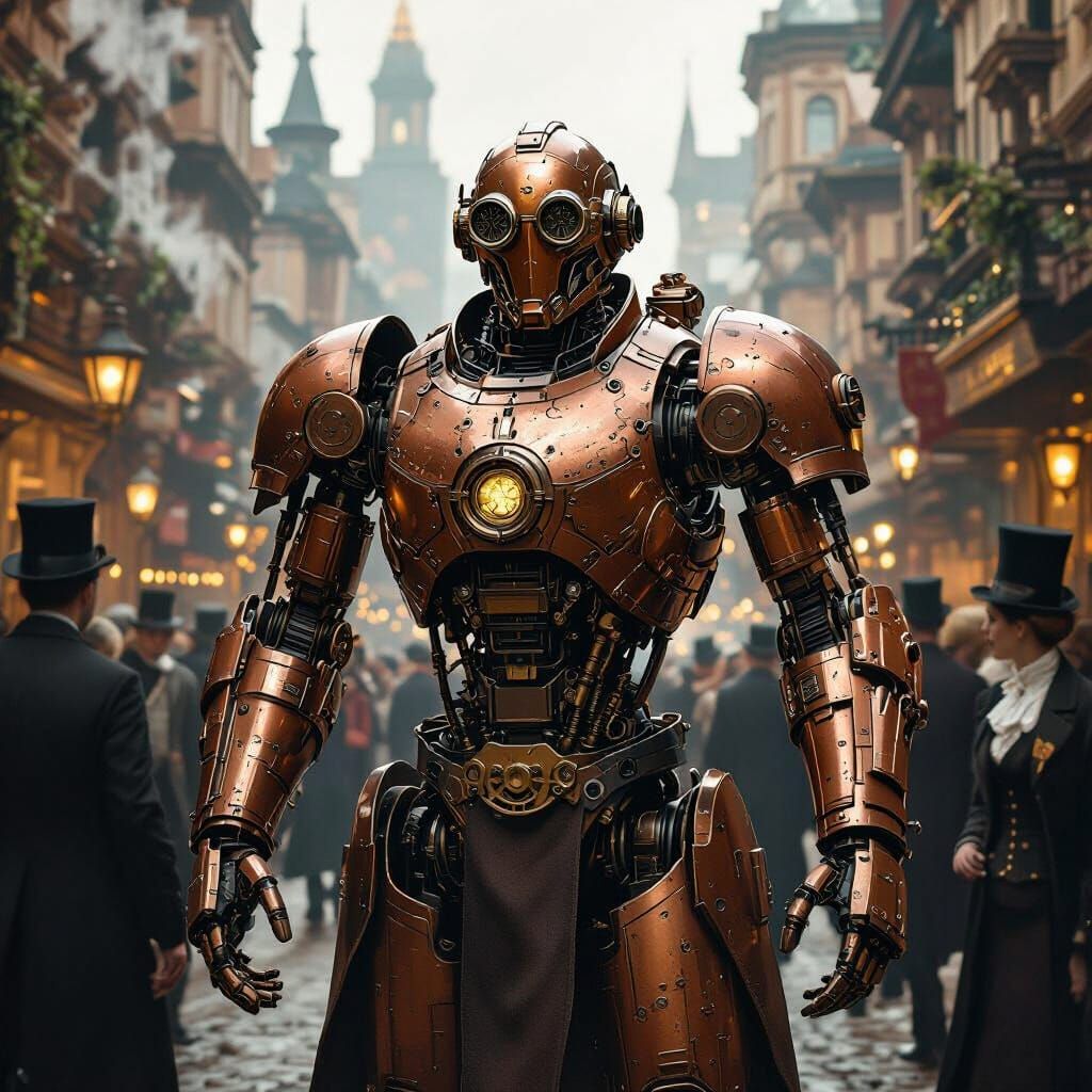 Steampunk Robot in a Bustling Victorian City
