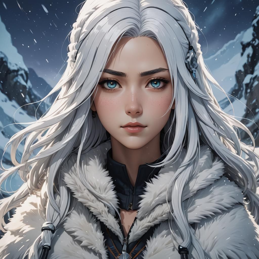 Eskimo Beauty with White Hair in Anime Style
