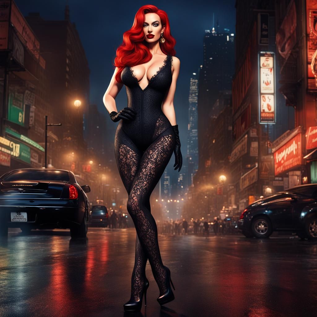 Curvy Woman in Catsuit on Wet City Street