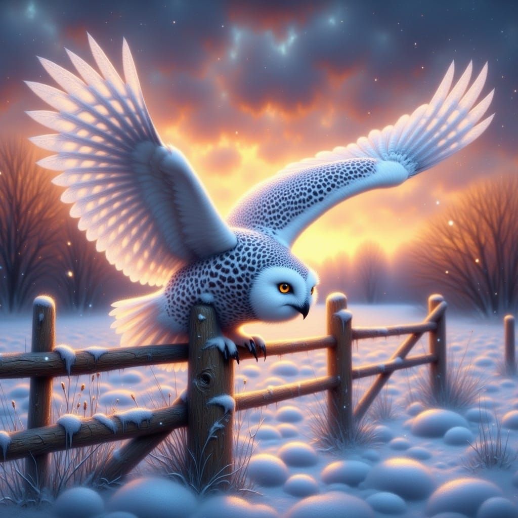 Snow Owl Takes Flight: Hyperrealistic Winter Scene