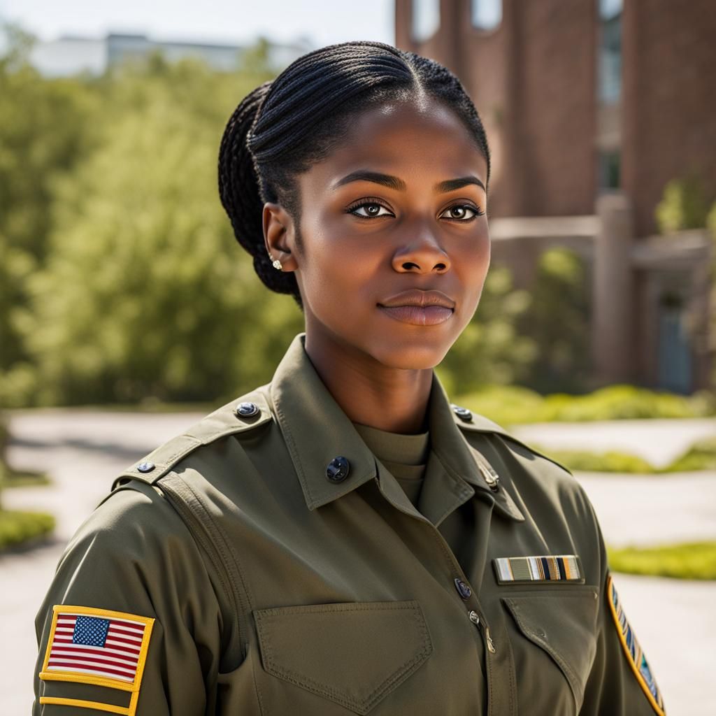 Athletic Black Female Military Recruit with Blue Eyes