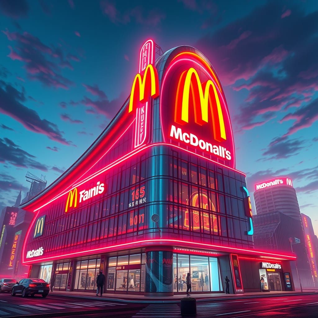 Sleek Futuristic McDonald's Building in Neon-Lit Cyberpunk C...