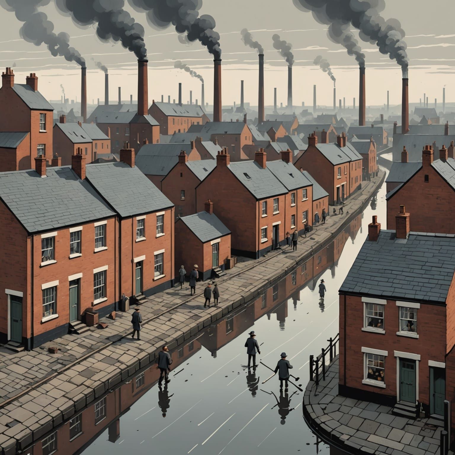 Nostalgic Industrial Town Scene in L.S. Lowry Style