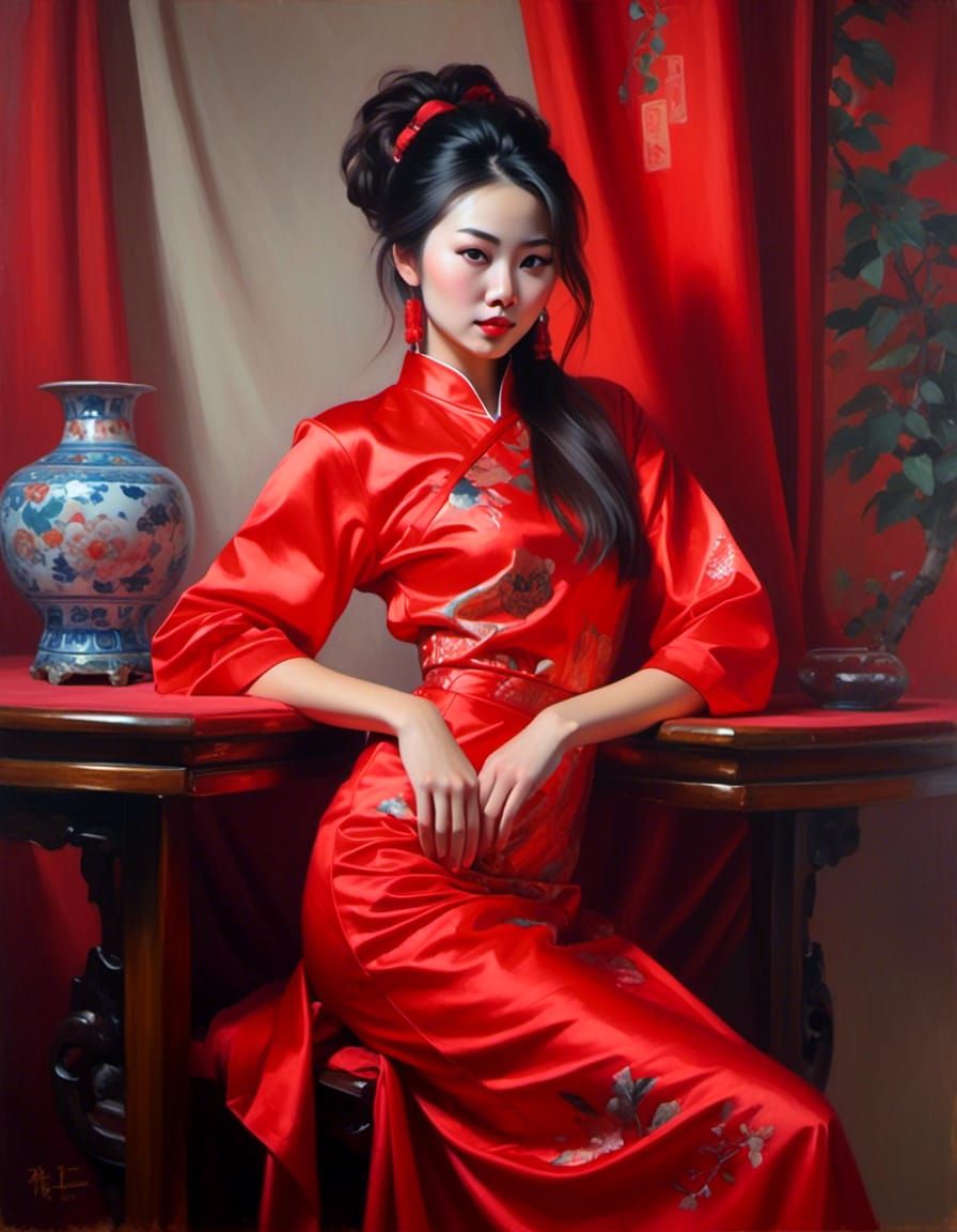 Playful Young Woman in Red Chinese Dress