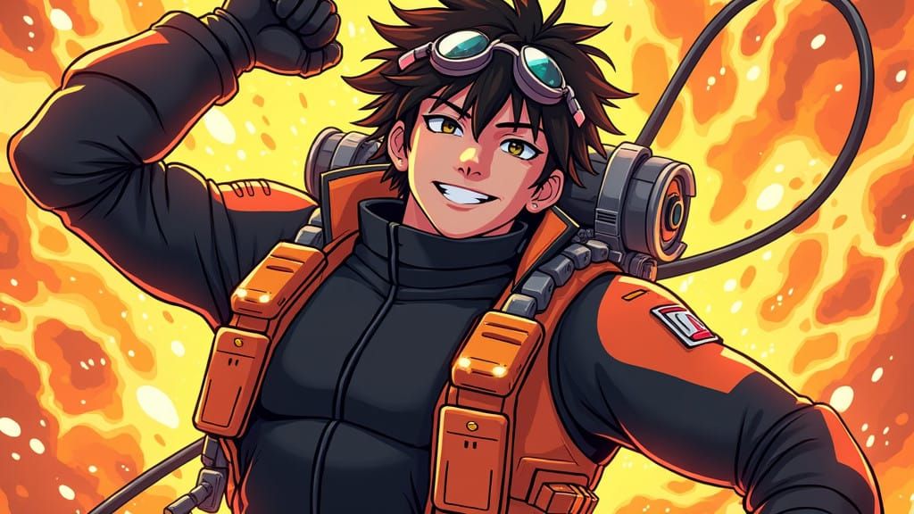 Vibrant Orange Pixel Pilot in Dynamic Manga-Inspired Art