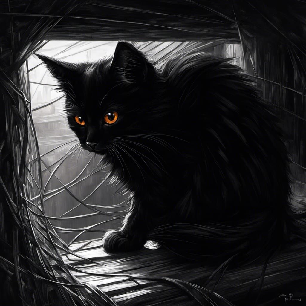 Sinister Chibi Cat in Eerie Attic: Crosshatch Style