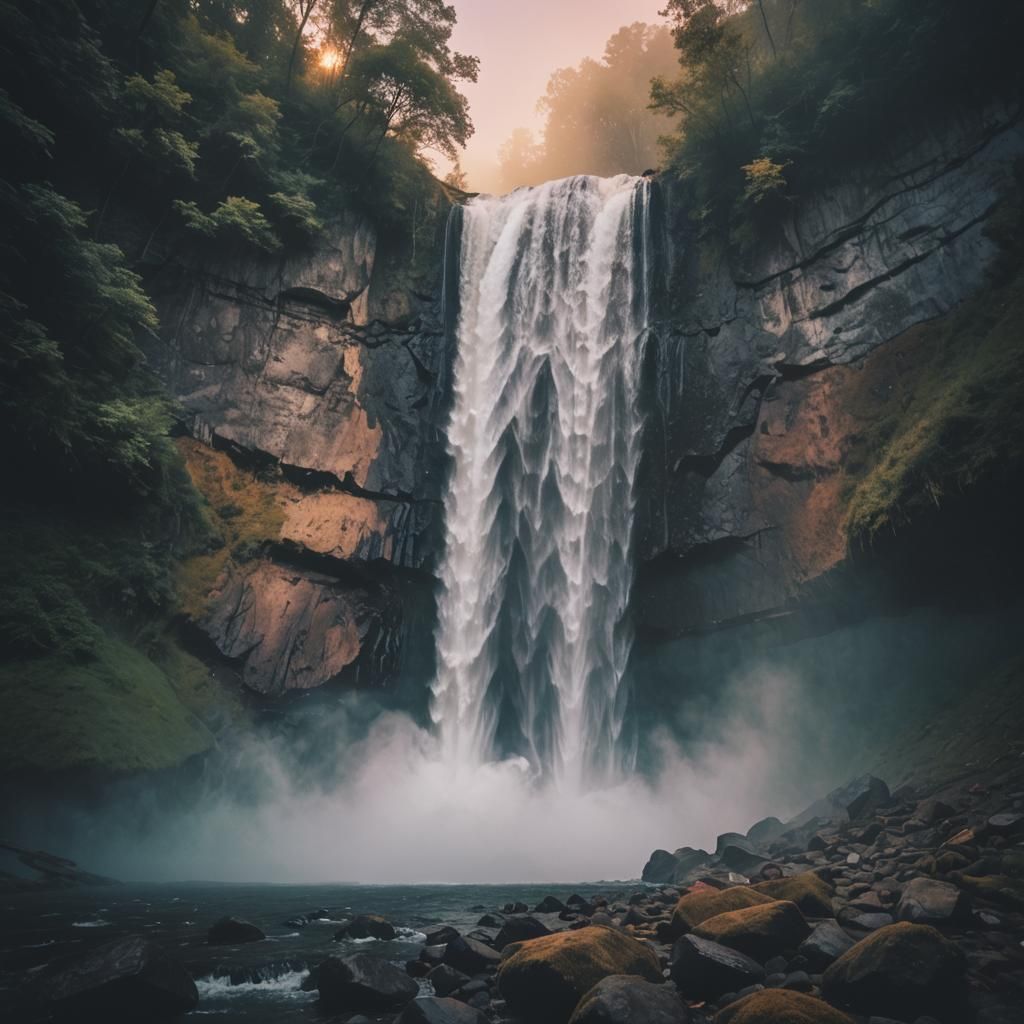 Colorful Twilight Mist at Waterfall Base