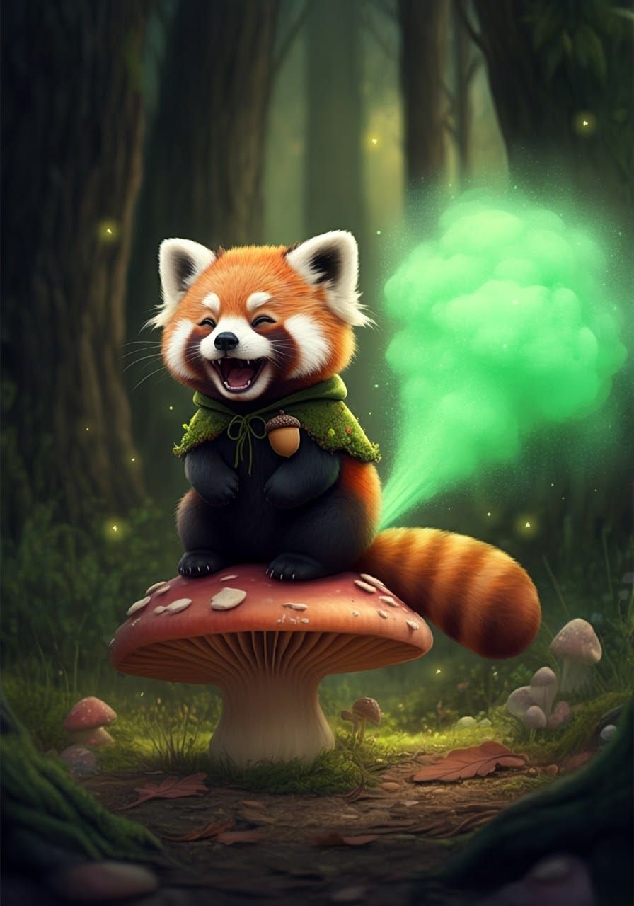 Red Panda's Sparkling Emission in Enchanted Forest