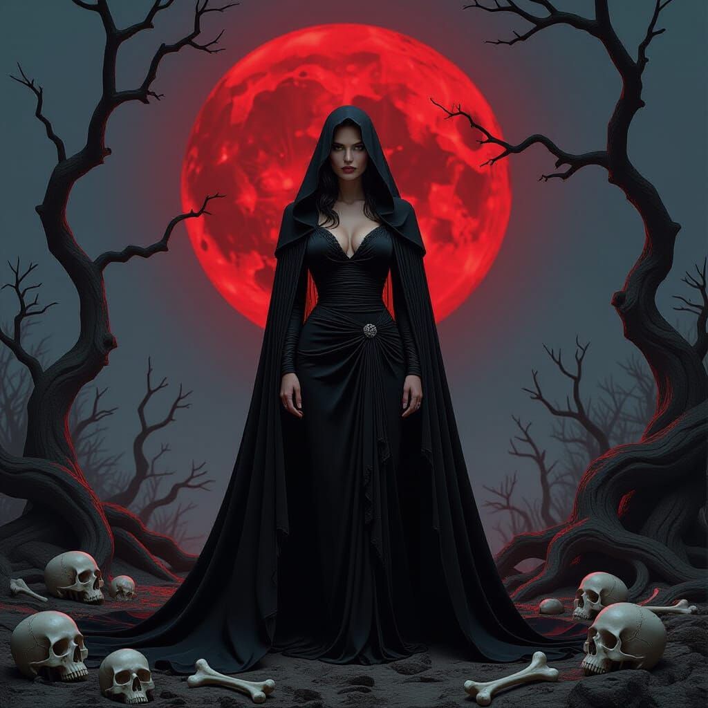 Dark Fantasy Figure Under Blood Red Moon