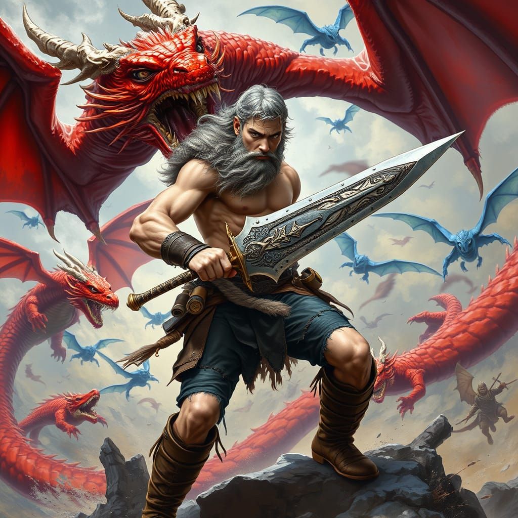 Viking Slaying Dragon in Fantasy Art Style