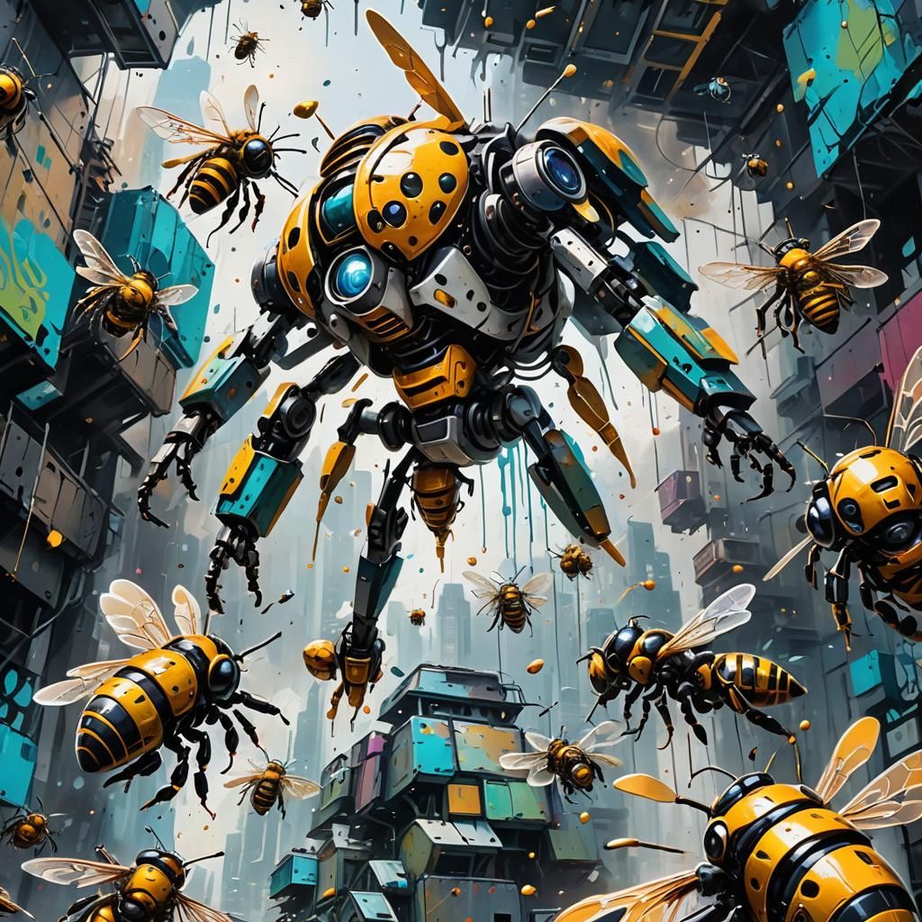 Robot Android Bees in Futuristic Dystopia