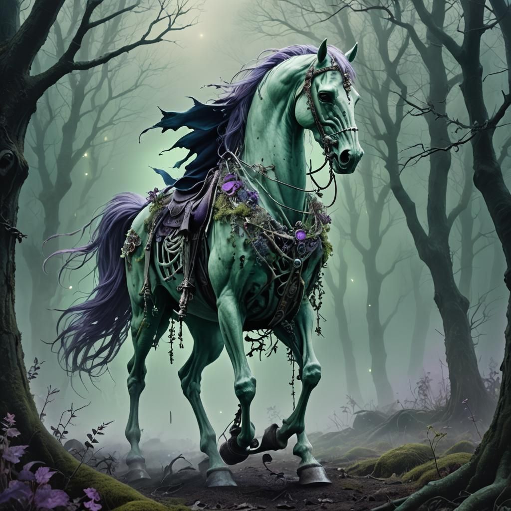 Pale Horse Skeleton Rider in Dark Fantasy Forest