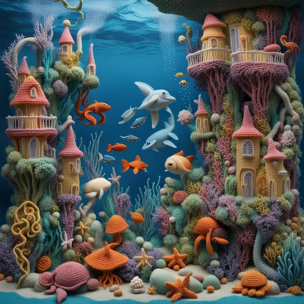 stumpwork crochet embroidery, underwater magical wonderland of enchanted dreams