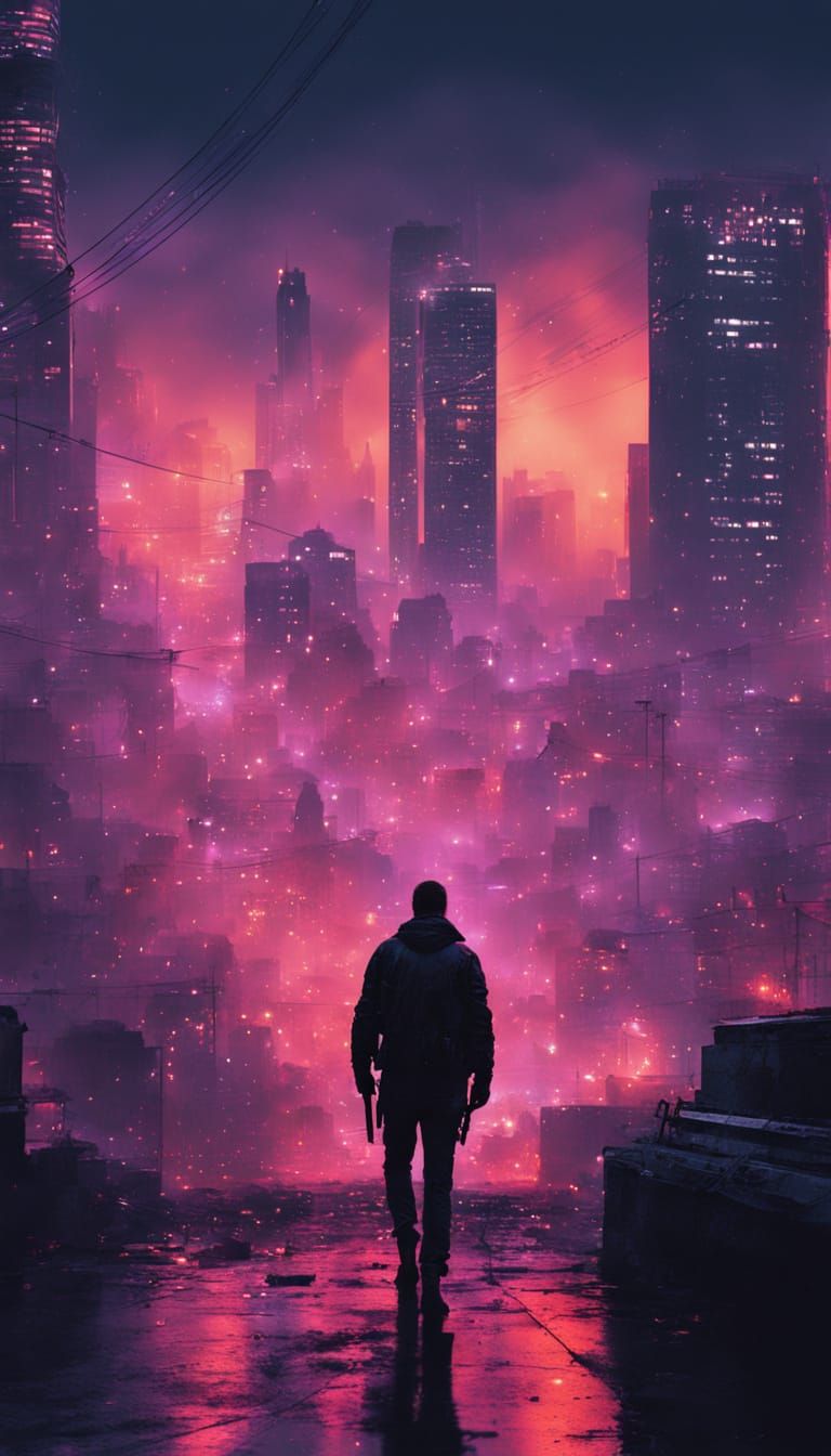 Gritty Assassin Poster in Neon-Lit Cityscape