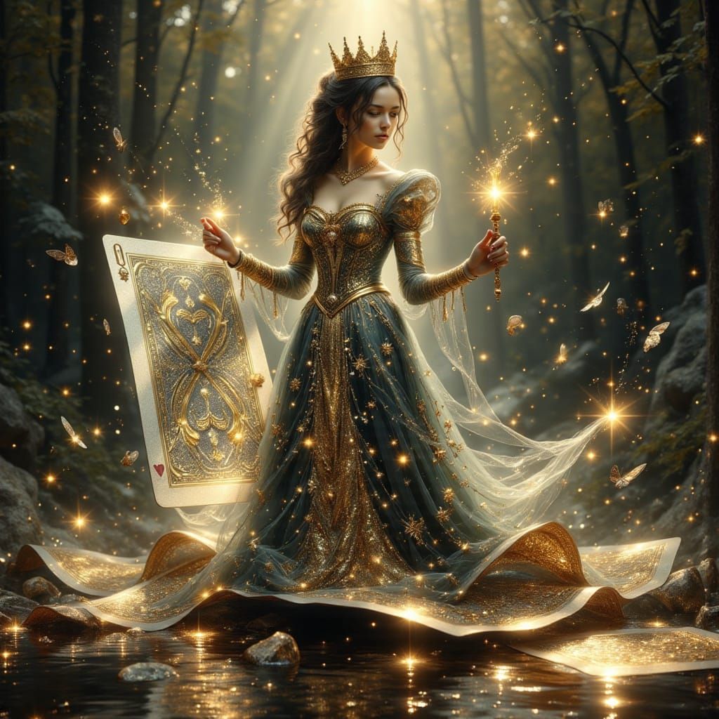Surreal Queen of Clubs Emerges from a Deck of Cards in a Spa...