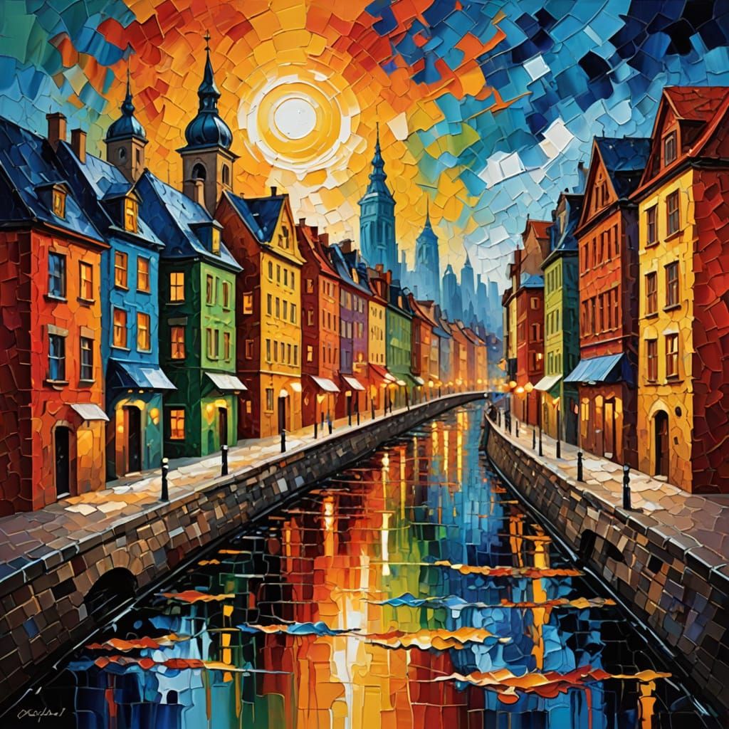 Vibrant Cityscape in Neo-Impressionist Oil Painting