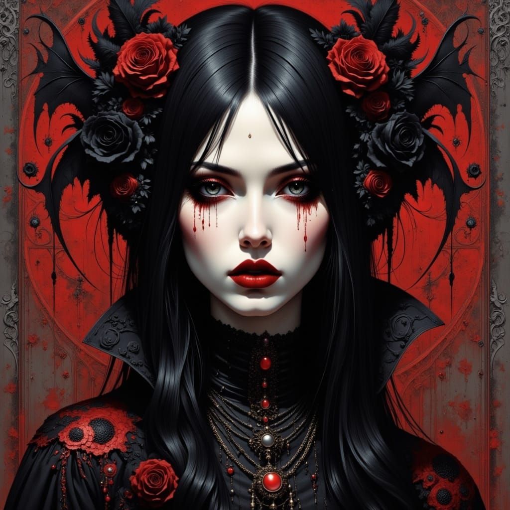Gothic Vampire Portrait in Red, Black, and Silver