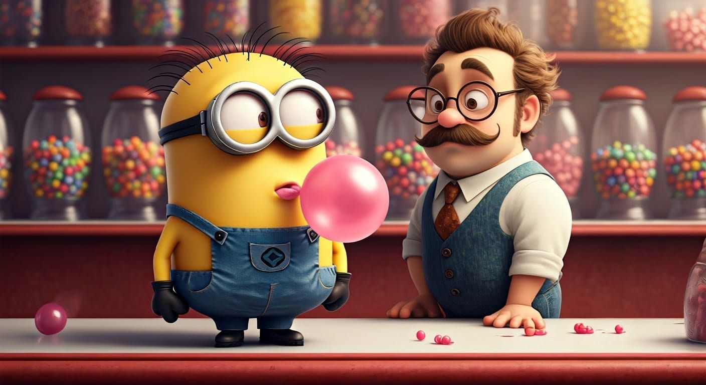 Whimsical Cartoon Minion in a Colorful Gumball Shop