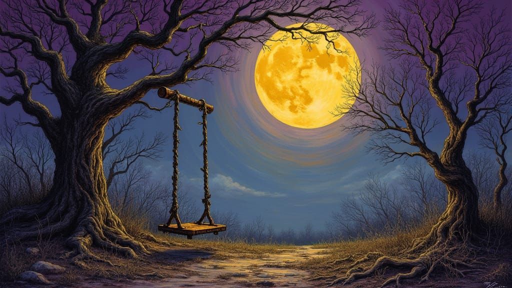 Forgotten Garden with Dying Moon in Mixed Media Style