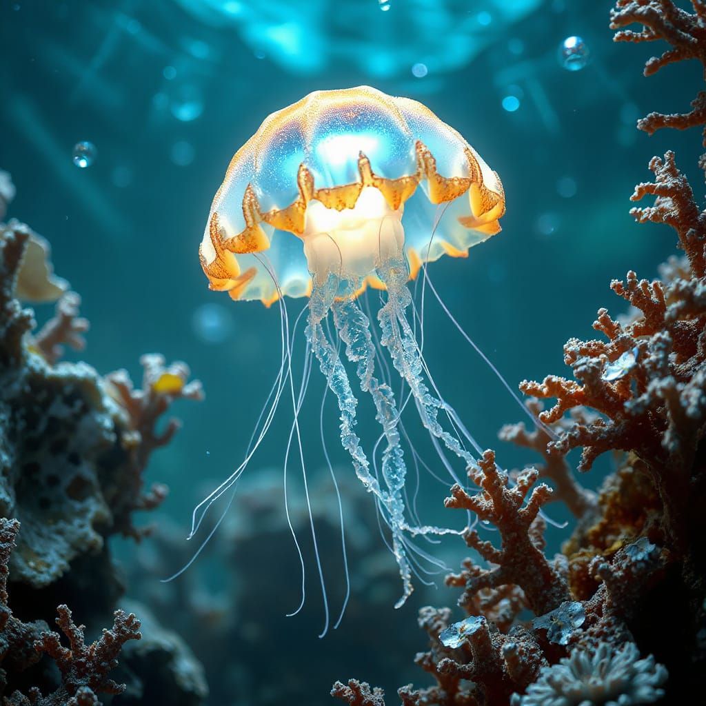 Bioluminescent Jellyfish Drifting Through Glass Coral Reef