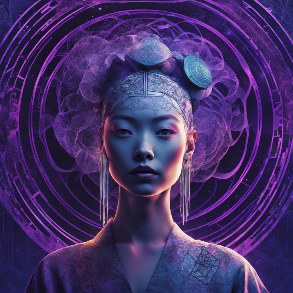 Surreal Japanese Woman with Cosmic Fibonacci Spirals