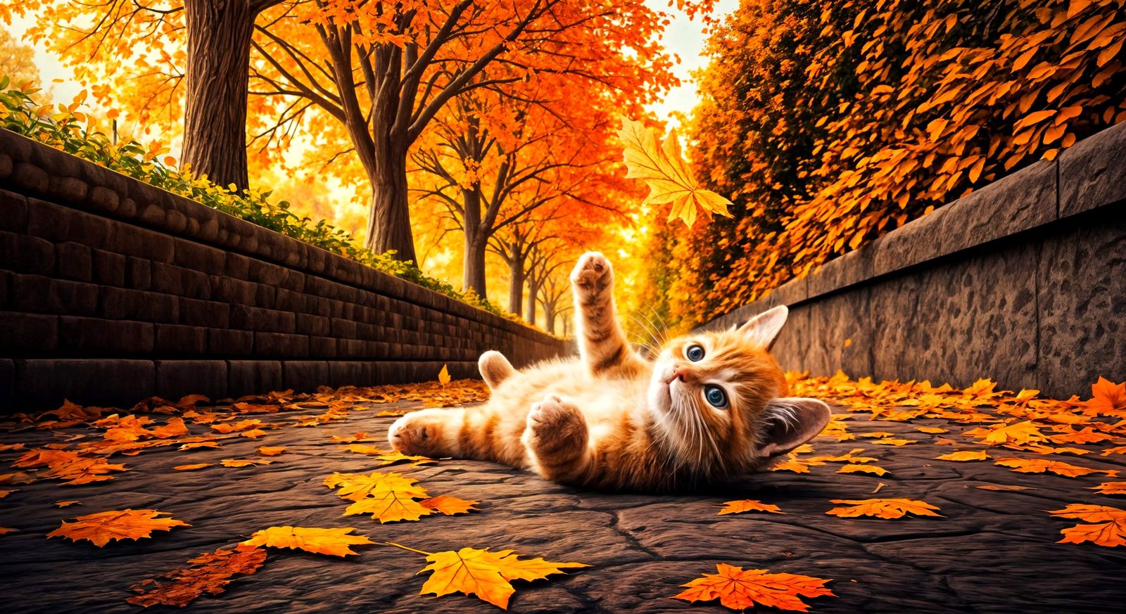 Adorable Ginger Kitten Among Autumn Leaves