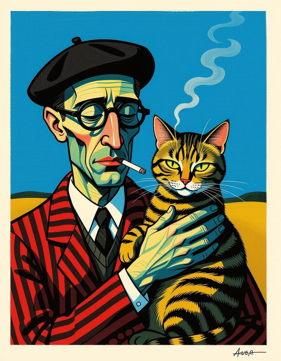 Melancholy Figure with Cat in Graphic Style