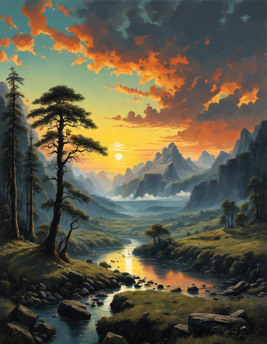 Romantic Sunrise Landscape with Impressionist Brushstrokes