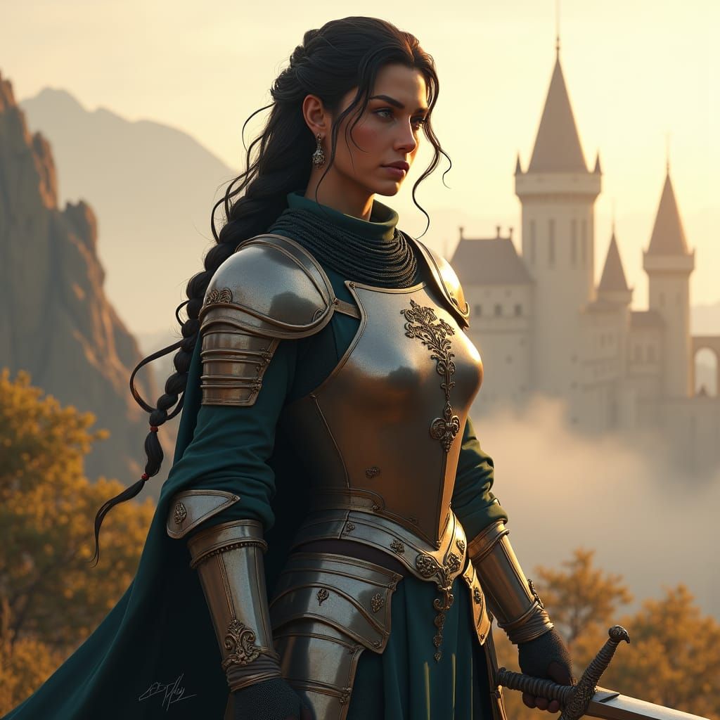 Powerful Female Knight with Sword in Misty Landscape