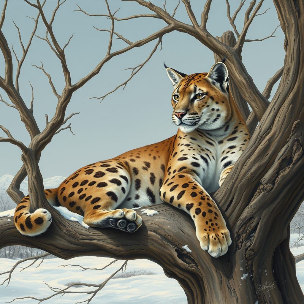 Cougar in a Barren Winter Tree, in a Realistic Gouache Style