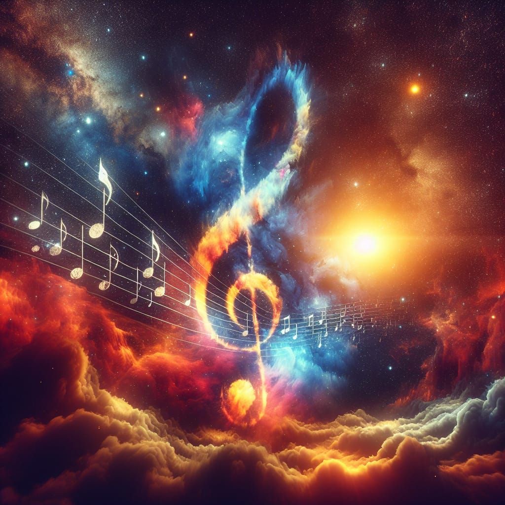 Musical Galaxy: Cinematic Space Scene with Giant Notes