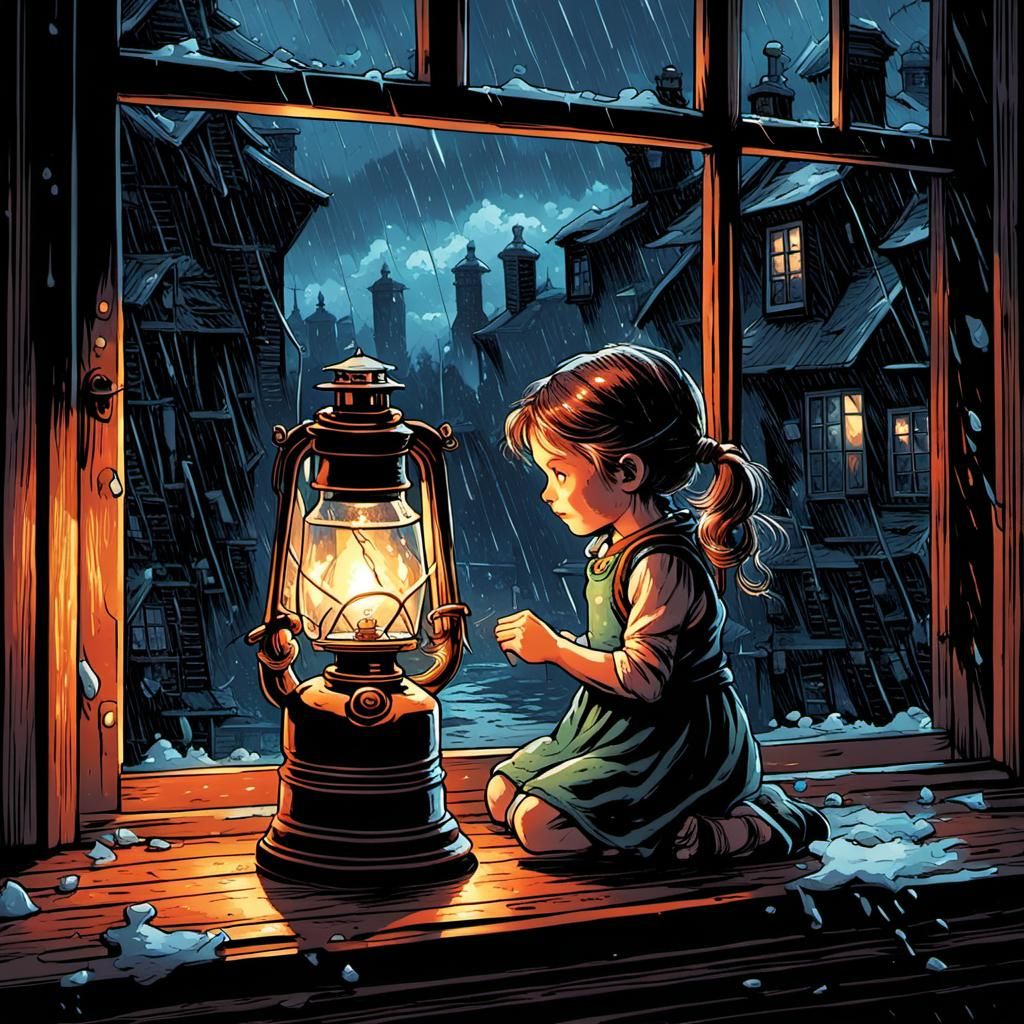 Child in Rainy Comic Book Art Scene