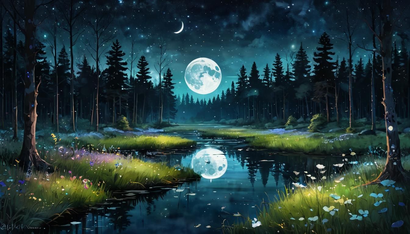 Moonlit Meadow Digital Watercolor Landscape