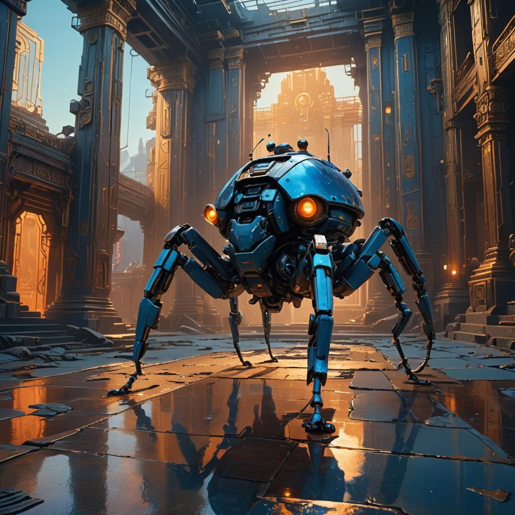 Robotic Ant Walks Ancient Temple: Sci-Fi Concept Art