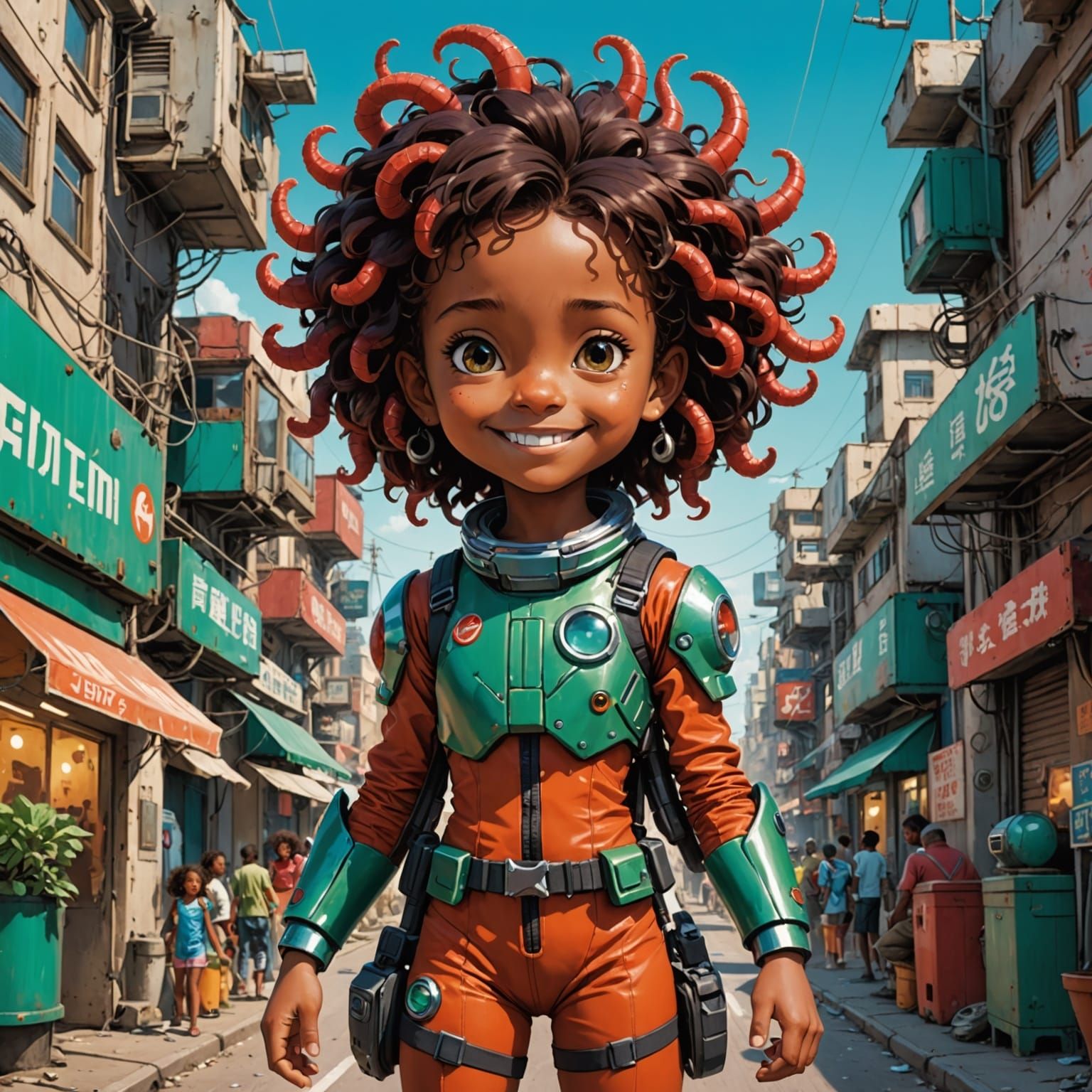 Girl in Spaceman Suit in Shantytown Street