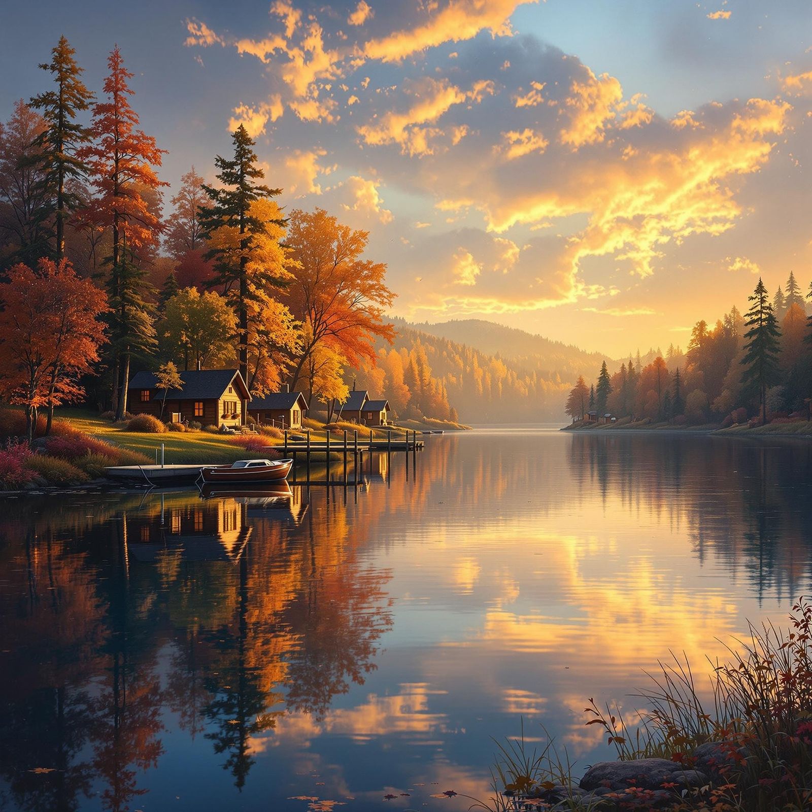 Serene Autumn Lake Reflecting Golden Sunset