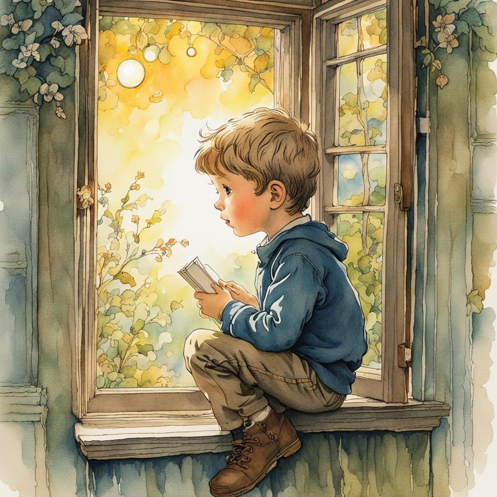 Boy Stares at Sparkling Light: Fairytale Illustration
