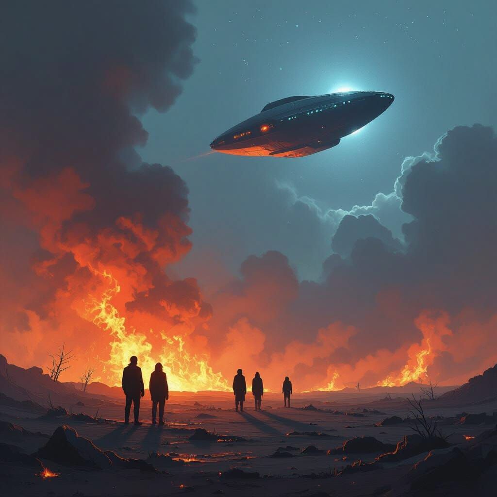 Burning Earth Watched by Spaceship in Cinematic Digital Art