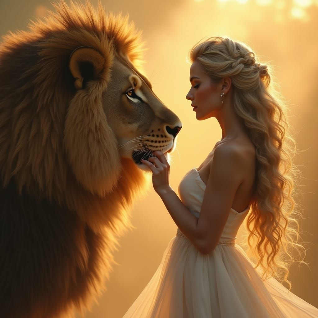 Woman and Lion in Profile with Golden Light