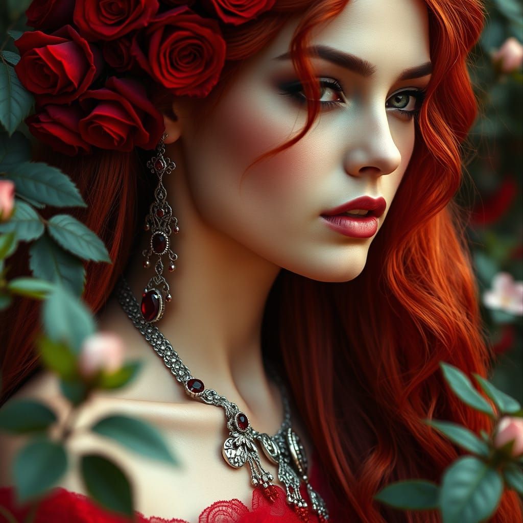 Goddess in Radiant Splendor with Ruby Accents and Vibrant Fl...