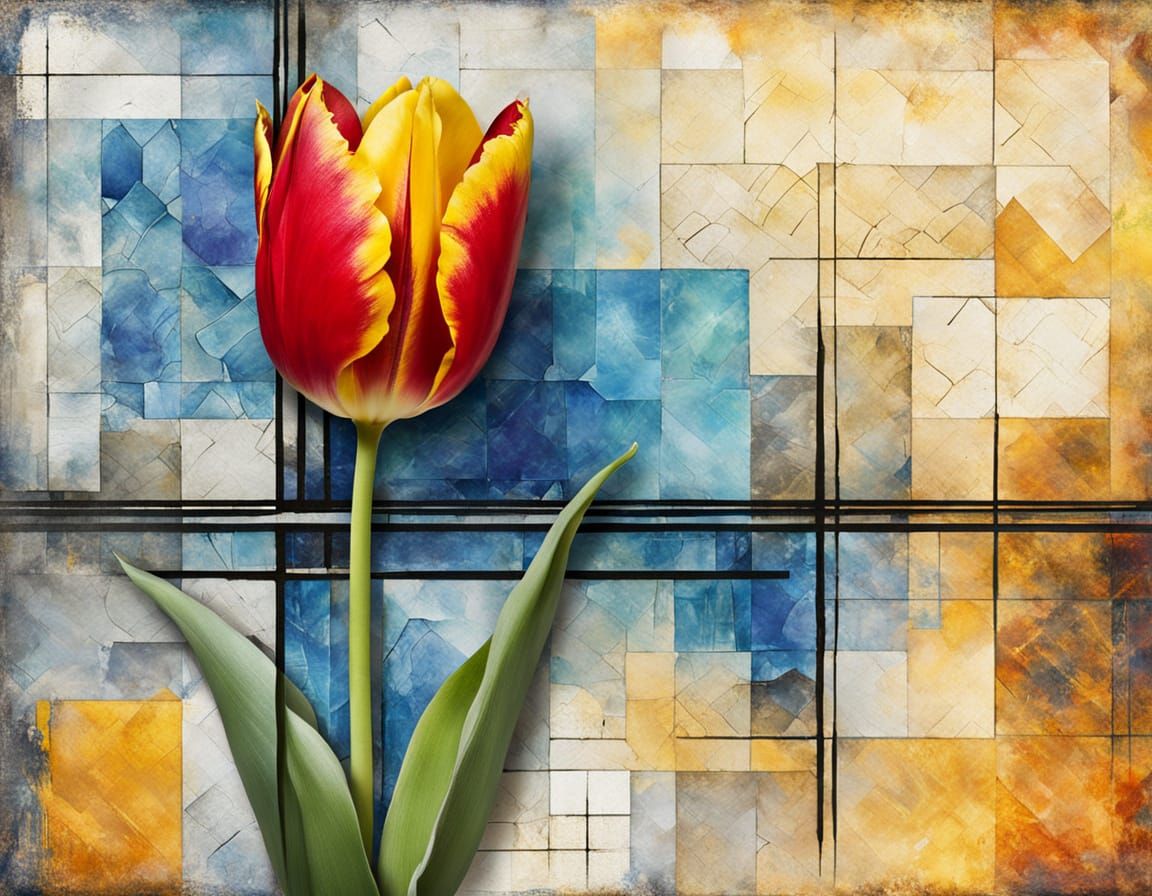 Gouache Painting of a Red and Yellow Tulip