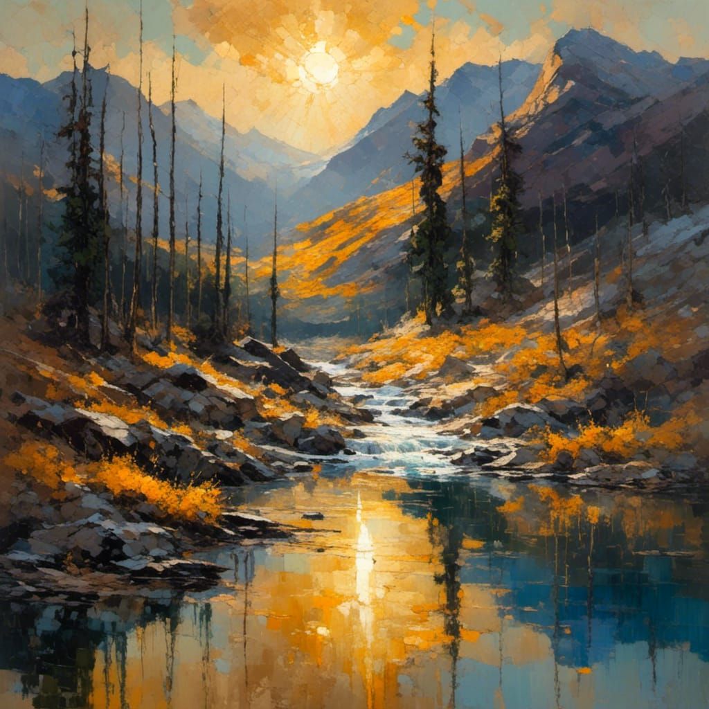 Herons on Mountain Lake: Impasto Oil Painting