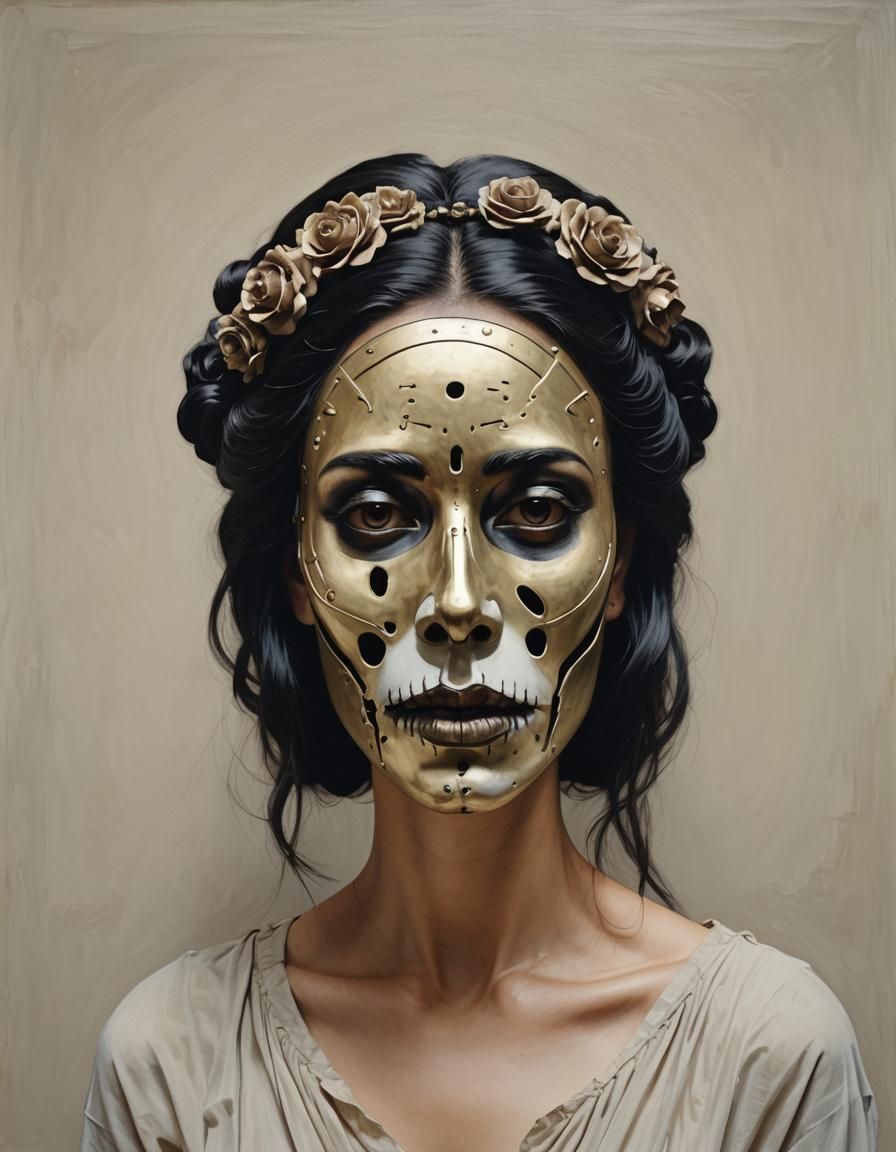 Girl with Death Mask (She Plays Alone) in the style of Marisol Escobar